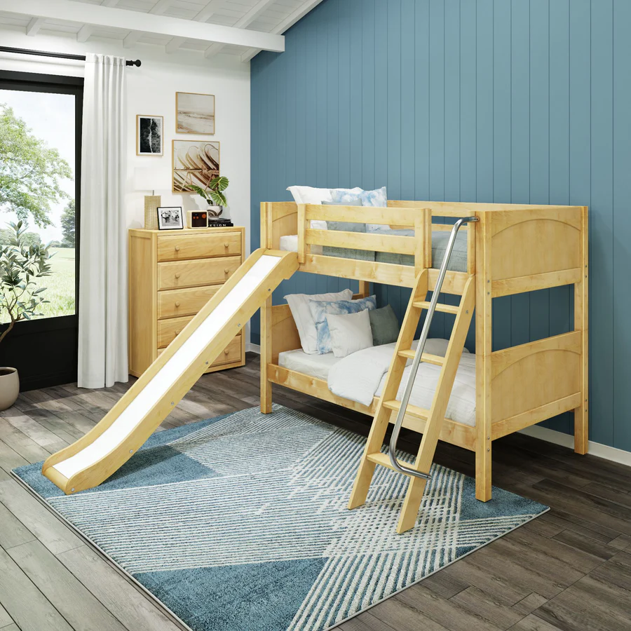 Twin Low Bunk Bed with Slide and Angled Ladder