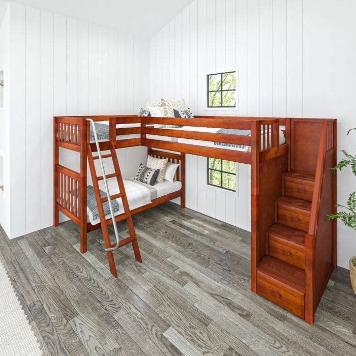 Solid Wood Maxtrix Troika Twin High Corner Loft Bunk With Ladder And Stairs
