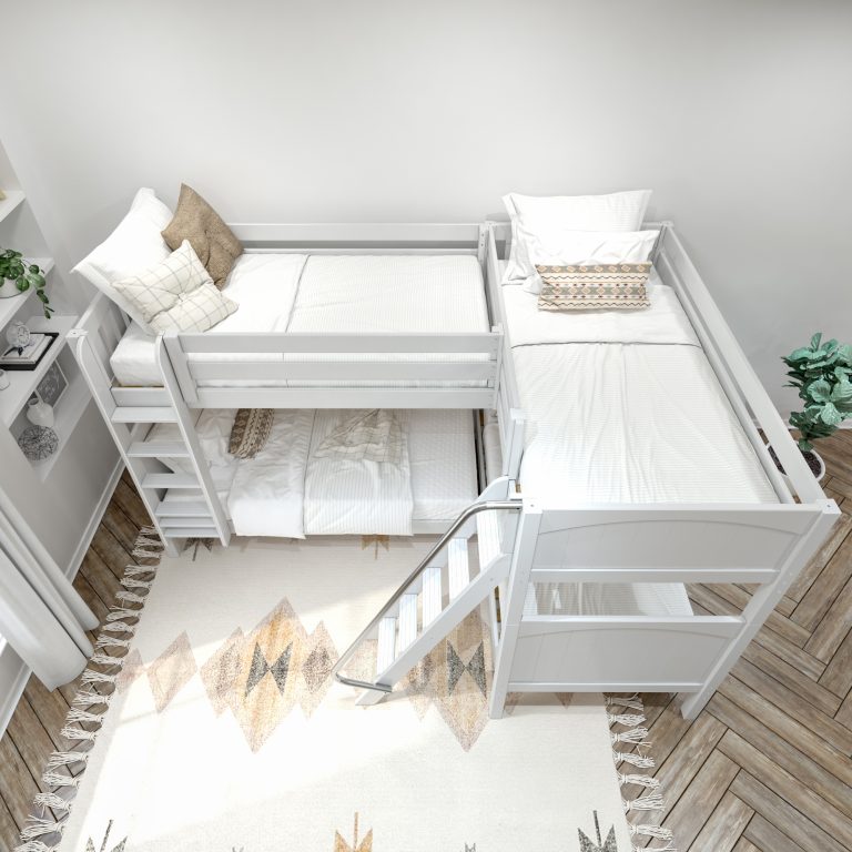 quattro white with panel bed above view dressed with bedding