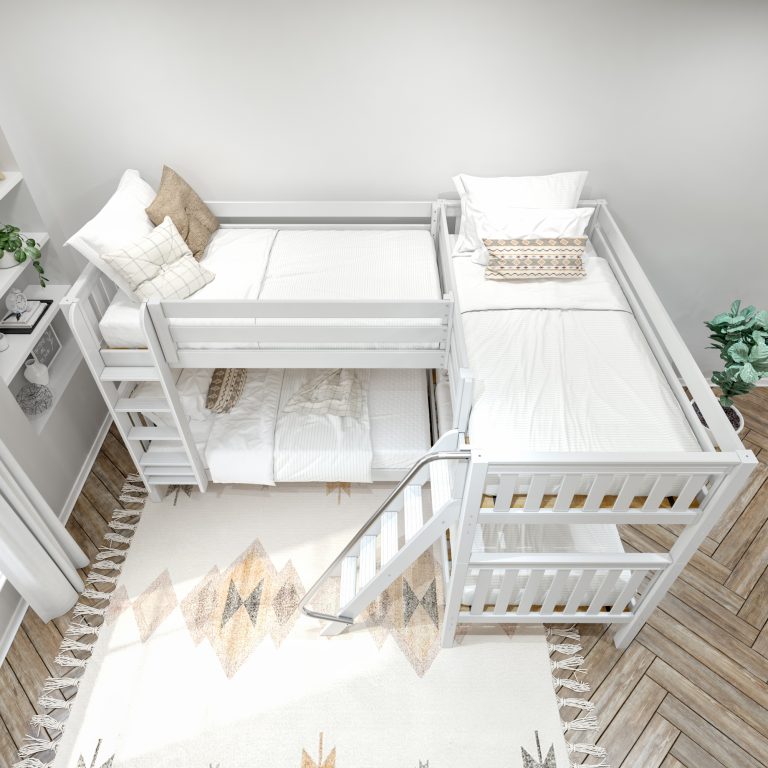 quattro white with slat bed above view dressed with bedding