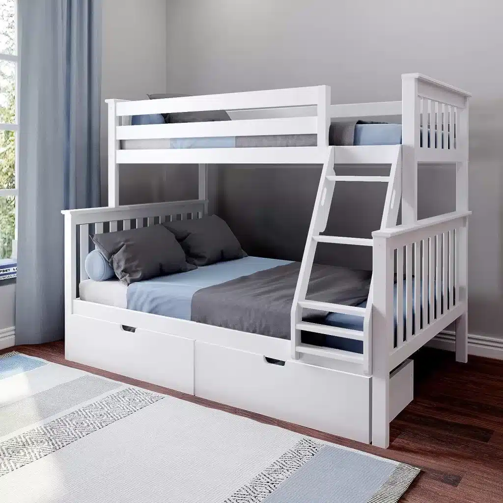 SOLID WOOD TWIN OVER FULL BUNK BED IN WHITE WITH STORAGE