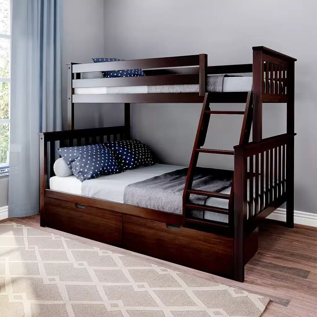 SOLID WOOD TWIN OVER FULL BUNK BED IN ESPRESSO WITH STORAGE