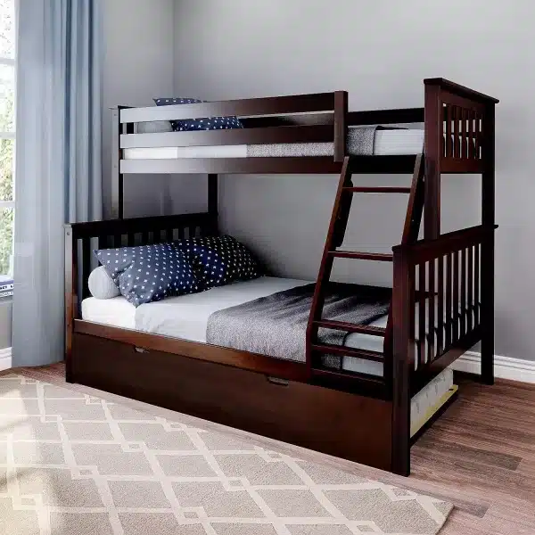 MAX & LILY SOLID WOOD TWIN OVER FULL BUNK BED IN ESPRESSO WITH TRUNDLE BED