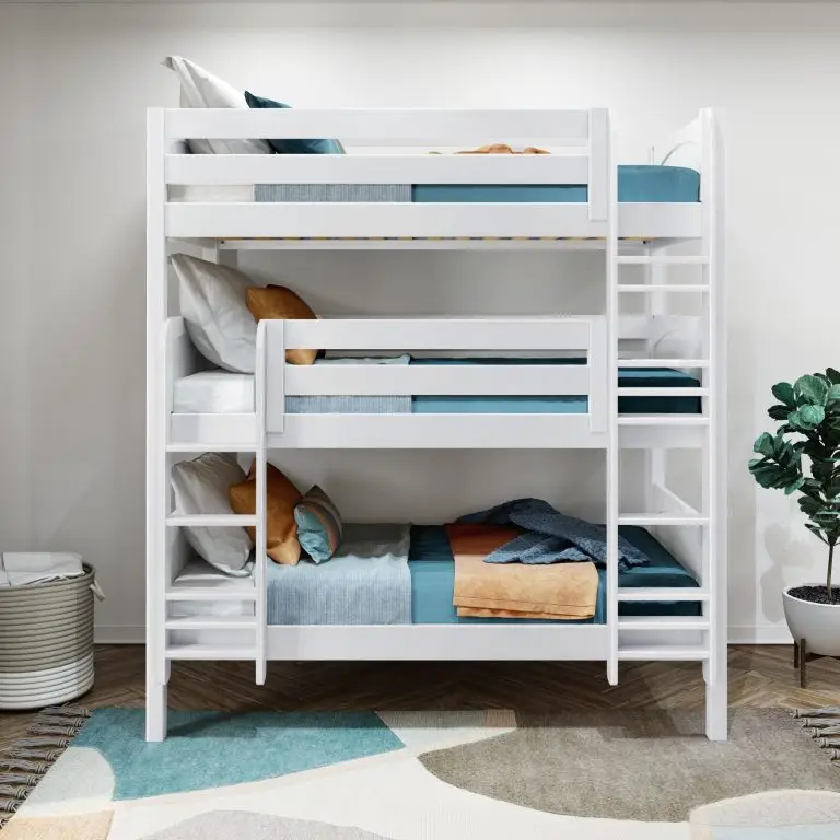 holy twin triple bunk bed with ladder white center rooom view
