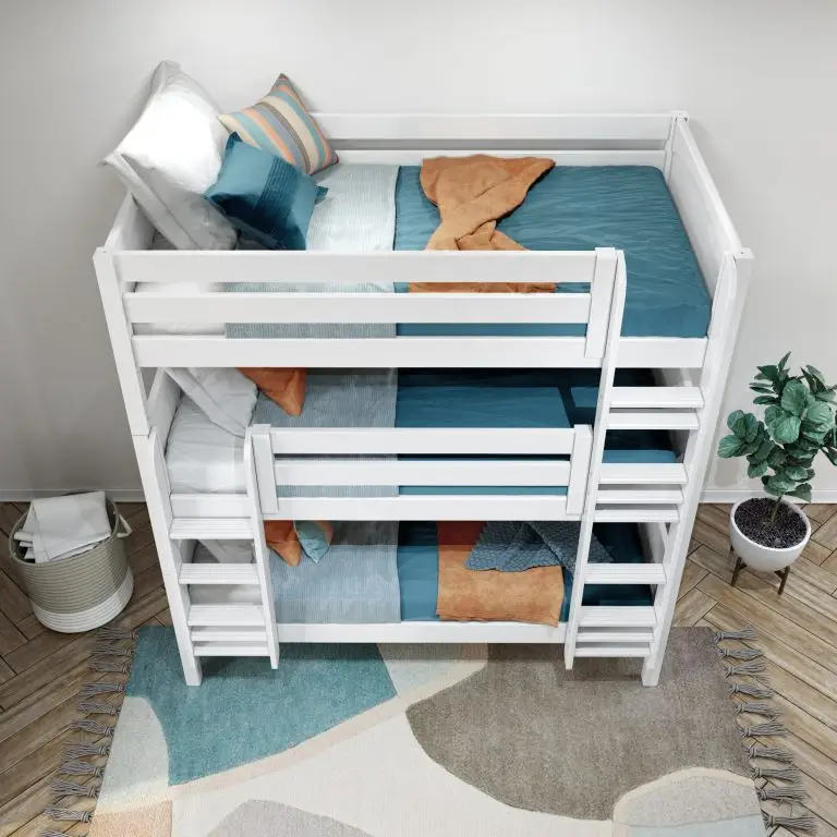 holy twin triple bunk bed with ladder with bedding white above rooom view