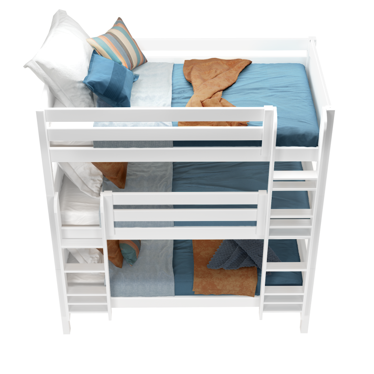 holy twin triple bunk bed with ladder wwith bedding white above