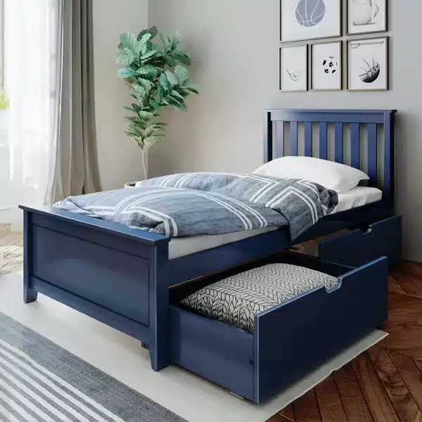 SOLID WOOD TWIN SIZE PLATFORM BED IN BLUE FINISH WITH STORAGE