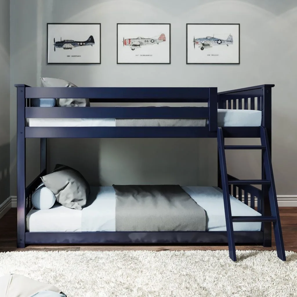 Twin Over Twin Low Bunk Bed In Blue With Ladder