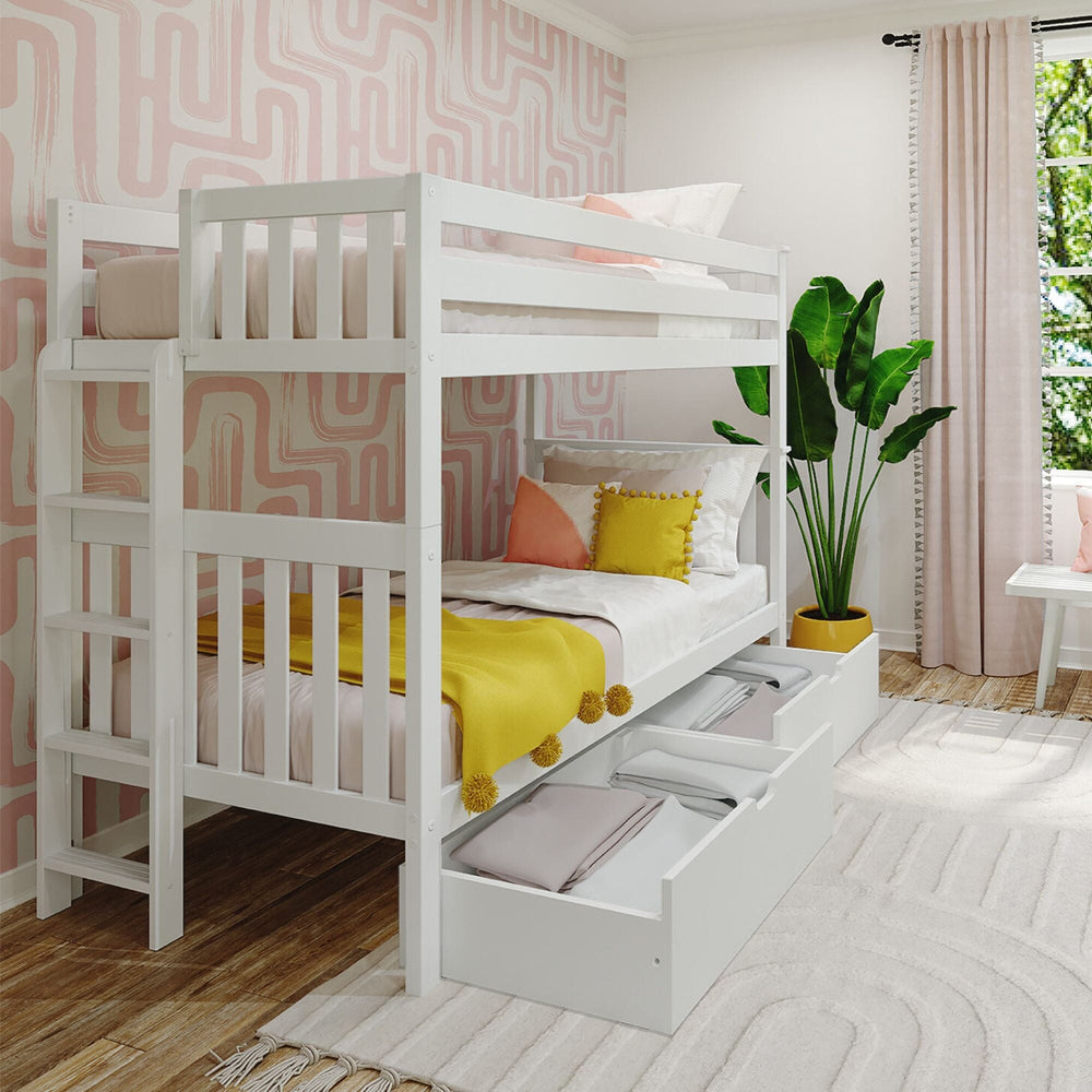 Twin Bunk Bed In White with Ladder on End and Storage