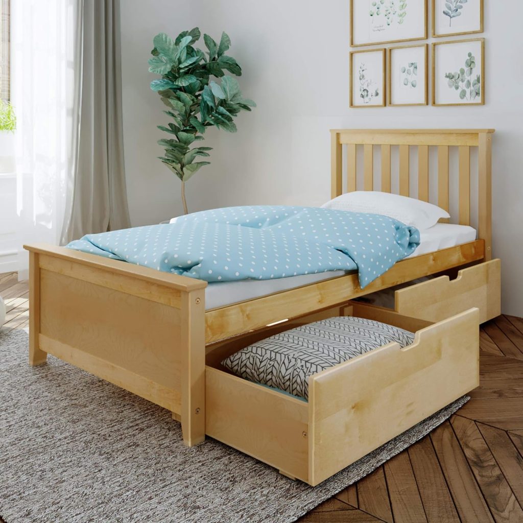 Twin Bed with Slatted Headboard and Storage In Natural Finish