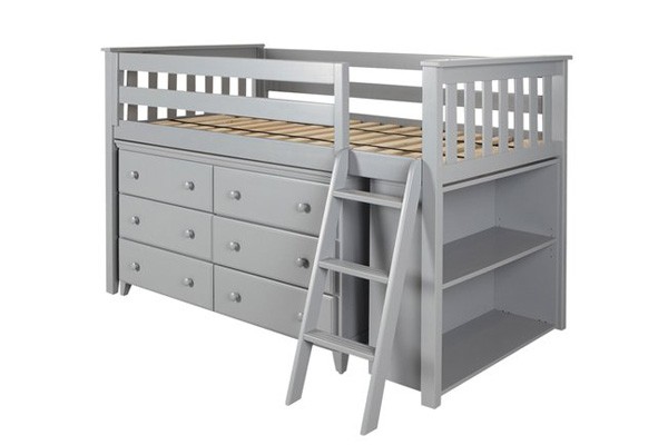WINDSOR GREY / TWIN LOW LOFT BED WITH DRESSER & BOOKCASE