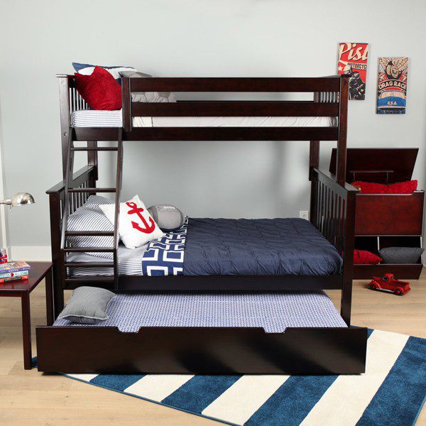 SOLID WOOD TWIN OVER FULL BUNK BED IN ESPRESSO WITH TRUNDLE BED