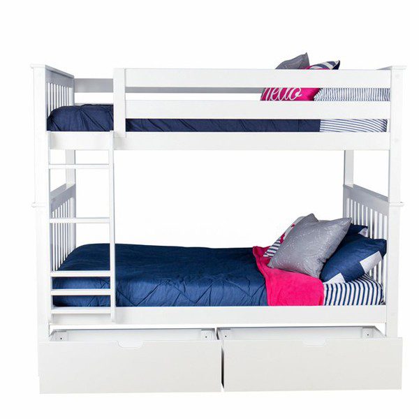 SOLID WOOD TWIN OVER TWIN BUNK BED IN WHITE WITH STORAGE