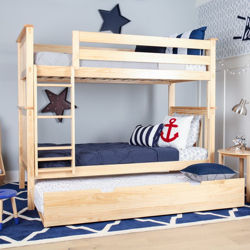SOLID WOOD TWIN OVER TWIN BUNK BED IN NATURAL WITH TRUNDLE BED
