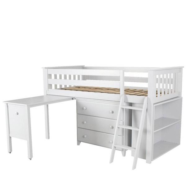 WINDSOR 2 WHITE / TWIN LOW LOFT BED WITH DRESSER, DESK & BOOKCASE