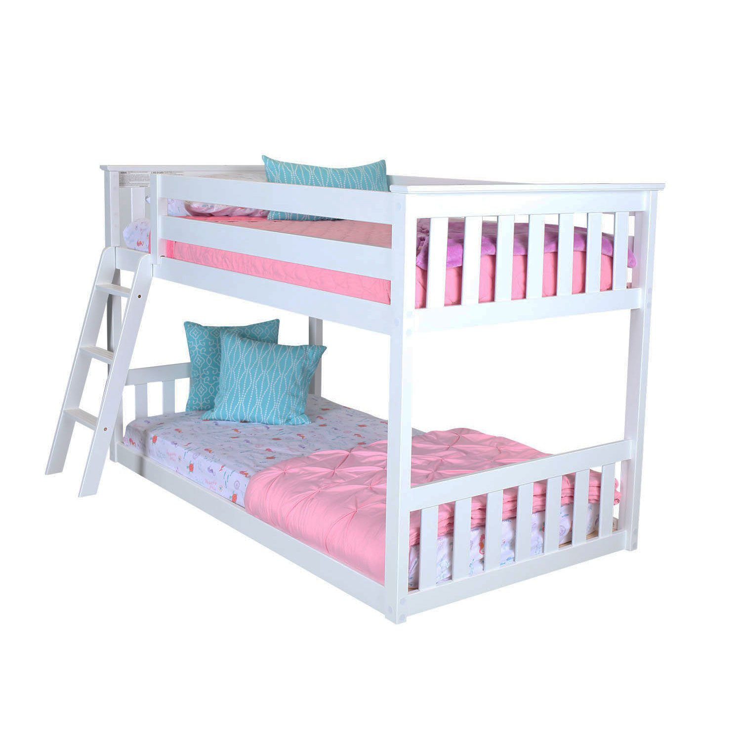 MAX AND LILY SOLID WOOD TWIN OVER TWIN LOW BUNK BED IN WHITE FINISH
