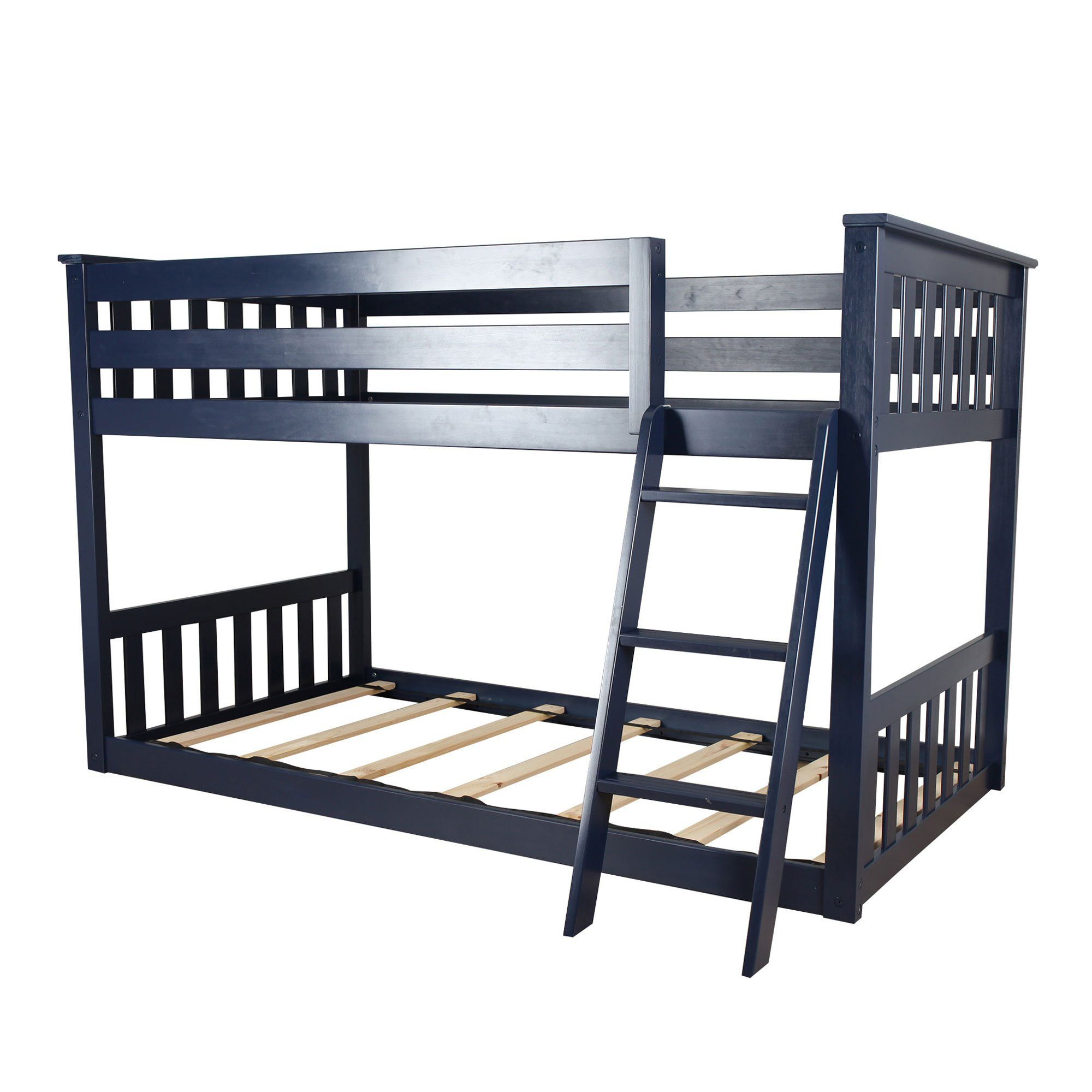 MAX AND LILY SOLID WOOD TWIN OVER TWIN LOW BUNK BED IN BLUE FINISH