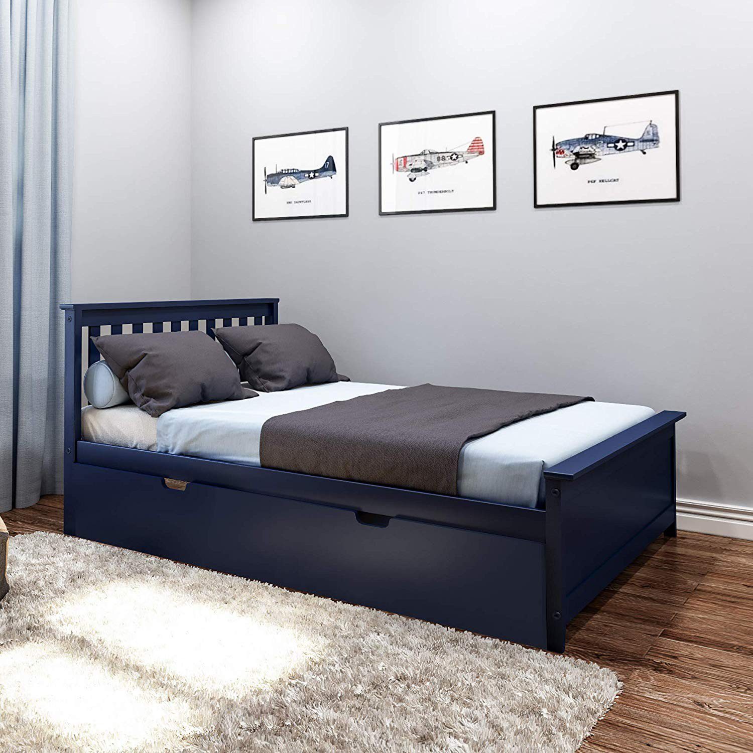 SOLID WOOD FULL SIZE PLATFORM BED IN BLUE FINISH WITH TRUNDLE BED