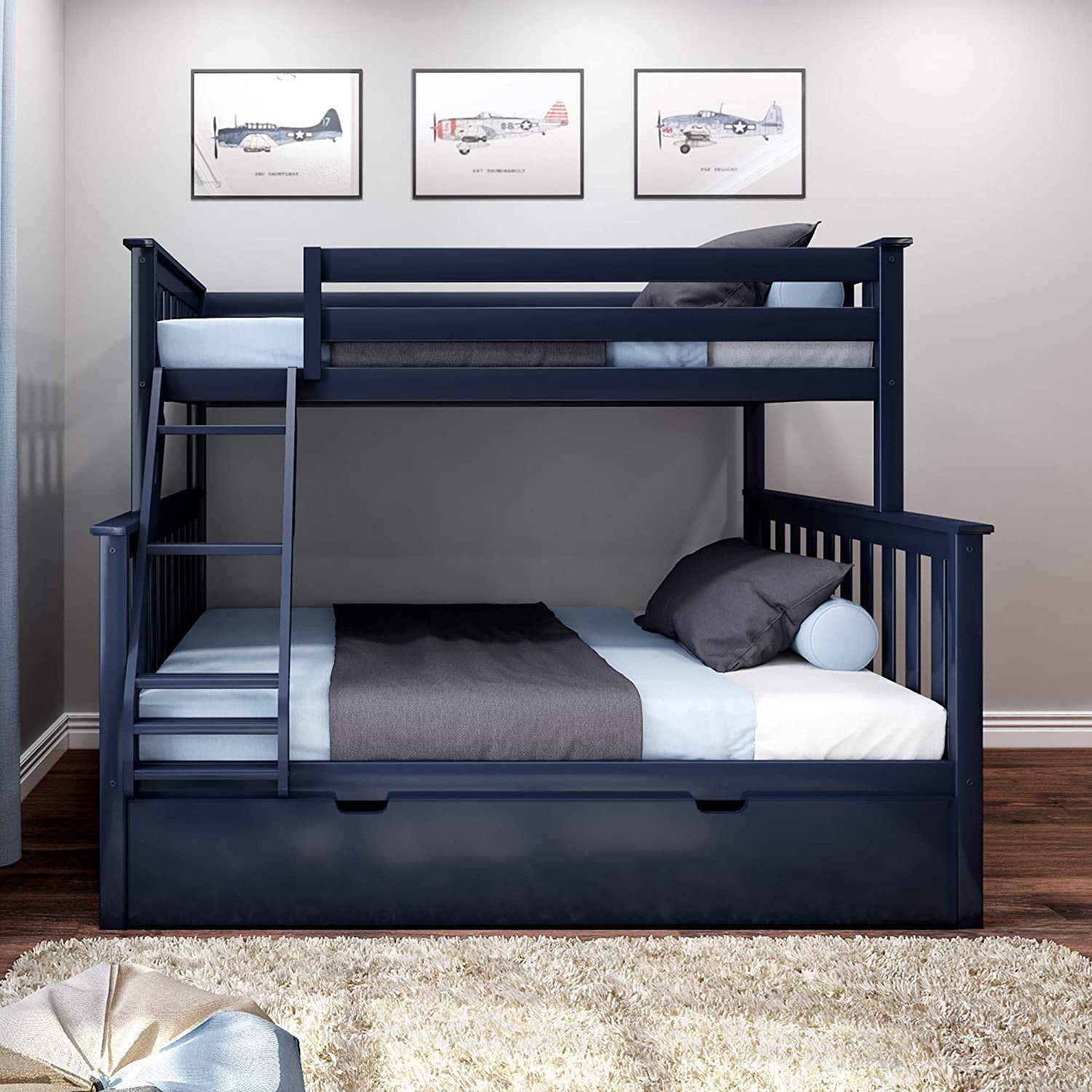 SOLID WOOD TWIN OVER FULL BUNK BED IN ESPRESSO WITH TRUNDLE BED
