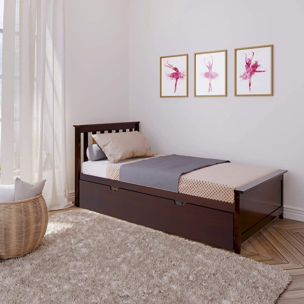 SOLID WOOD TWIN SIZE  PLATFORM BED IN ESPRESSO FINISH WITH TRUNDLE BED