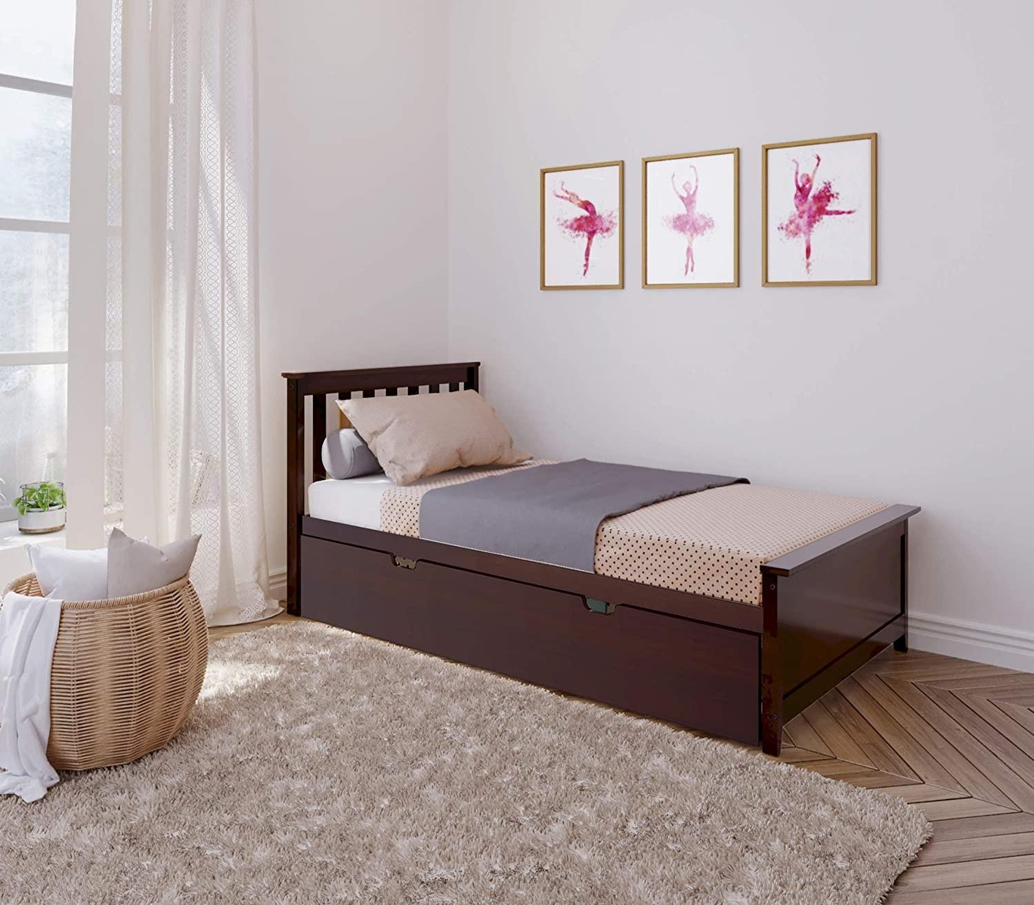 SOLID WOOD TWIN SIZE  PLATFORM BED IN ESPRESSO FINISH WITH TRUNDLE BED