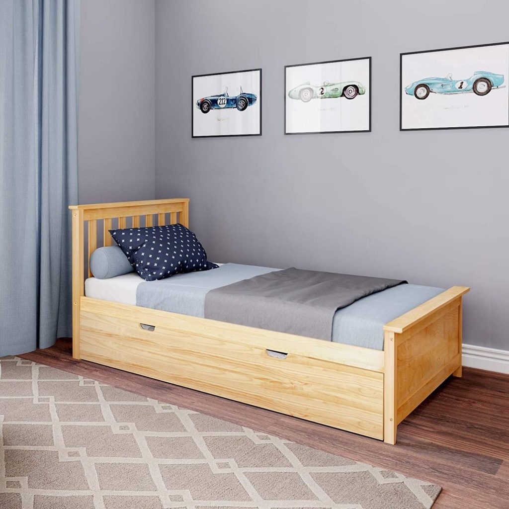 SOLID WOOD TWIN SIZE  PLATFORM BED IN NATURAL FINISH WITH TRUNDLE BED