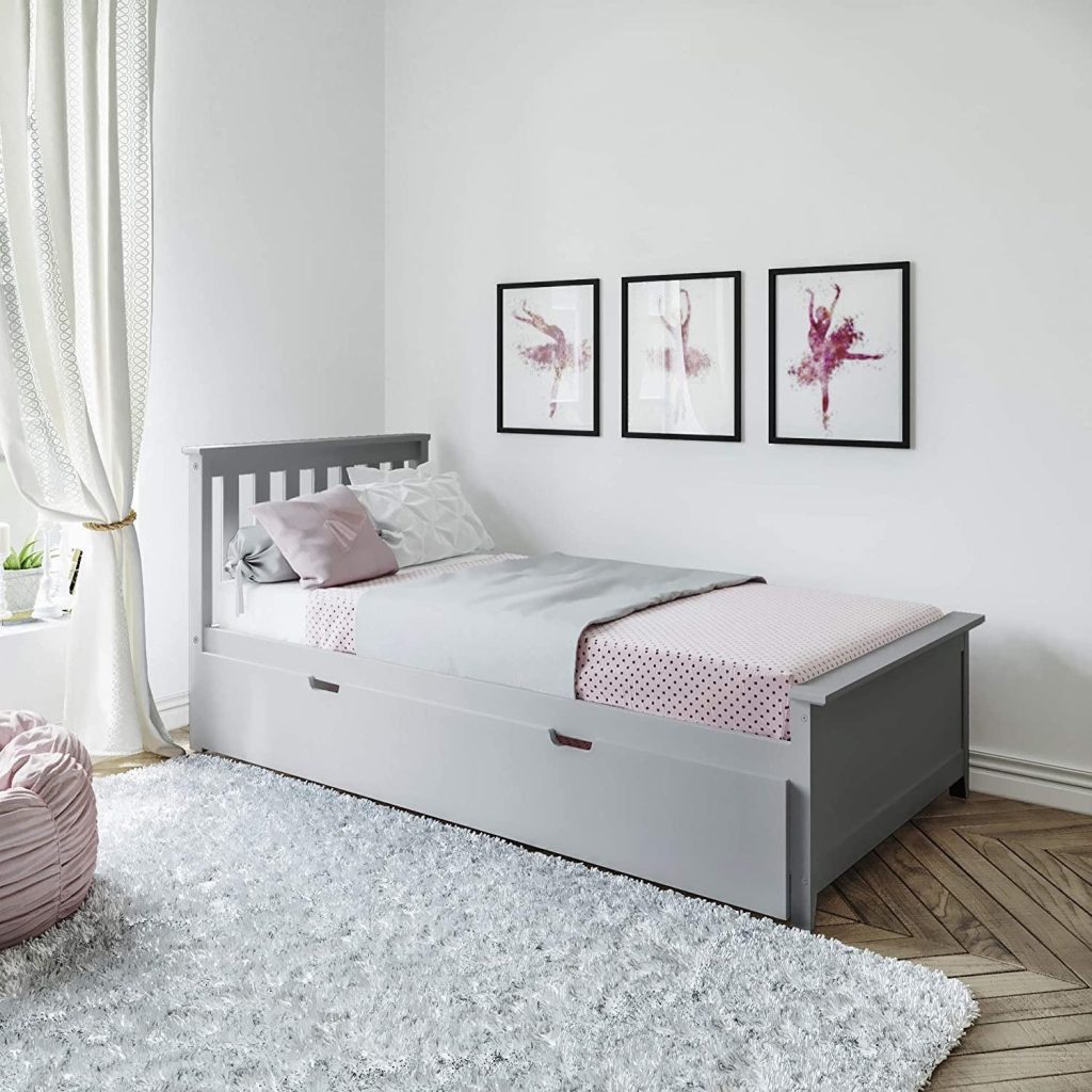 SOLID WOOD TWIN SIZE  PLATFORM BED IN GREY FINISH WITH TRUNDLE BED