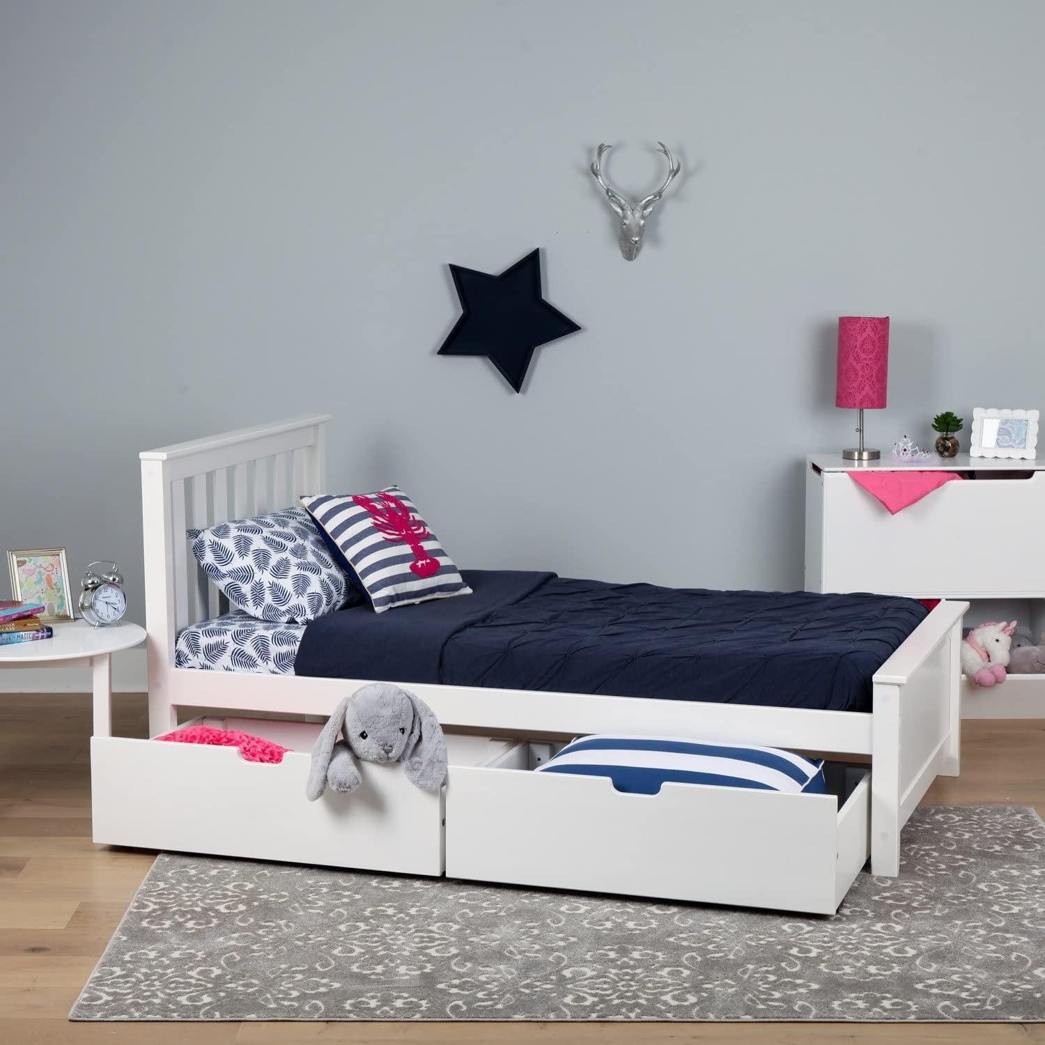 SOLID WOOD TWIN SIZE  PLATFORM BED IN WHITE FINISH WITH STORAGE