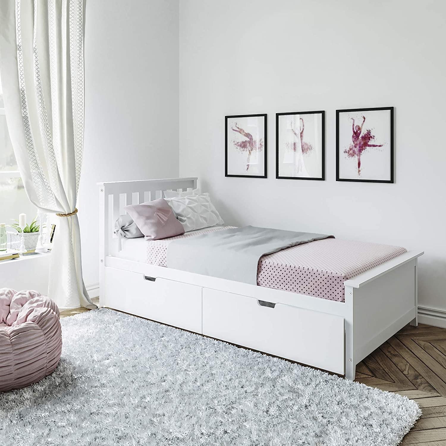 SOLID WOOD TWIN SIZE  PLATFORM BED IN WHITE FINISH WITH STORAGE