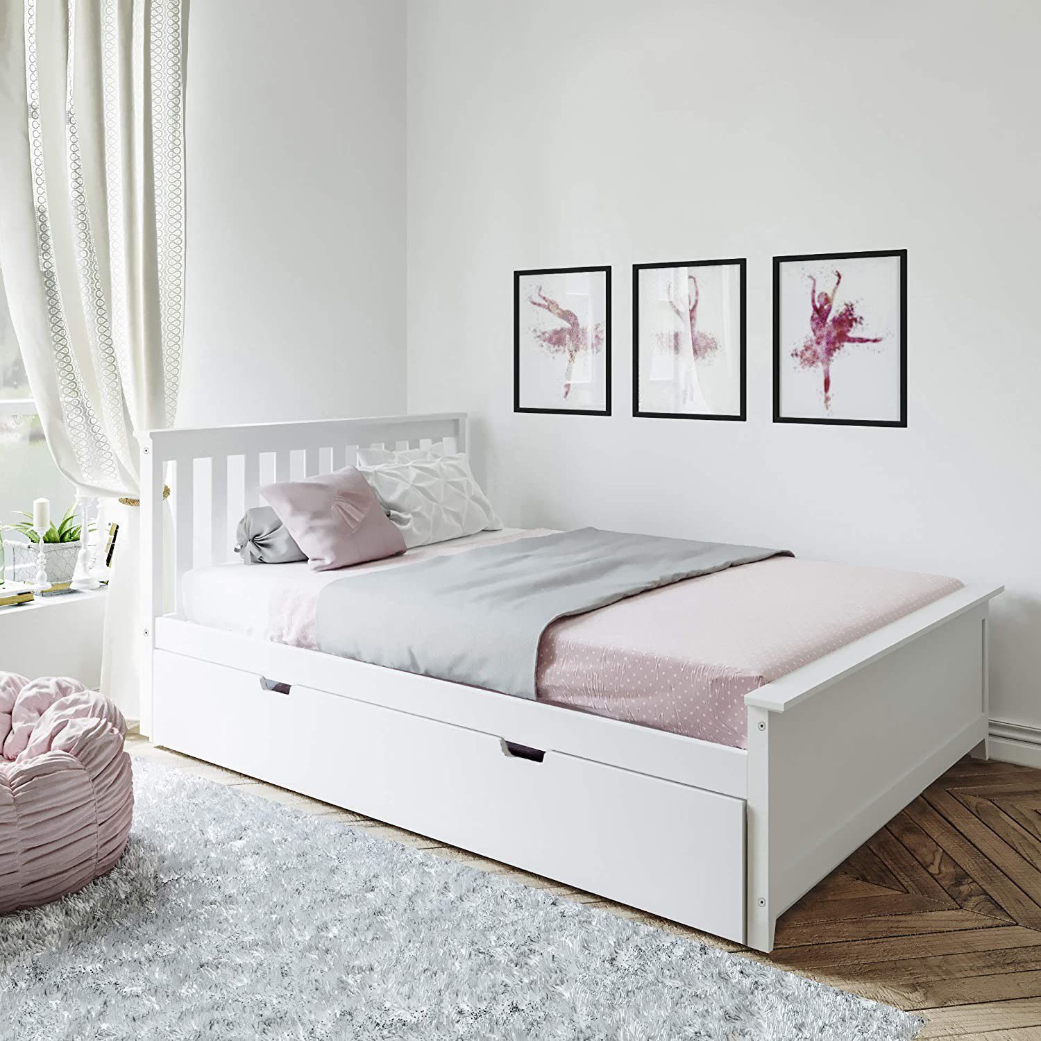 SOLID WOOD FULL SIZE PLATFORM BED IN WHITE FINISH WITH TRUNDLE BED