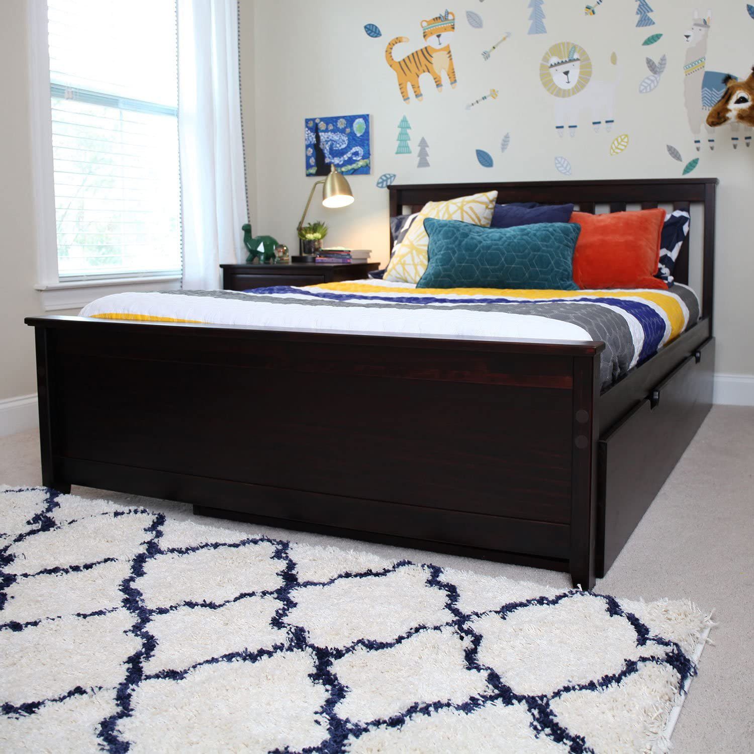 SOLID WOOD FULL SIZE PLATFORM BED IN ESPRESSO FINISH WITH TRUNDLE BED