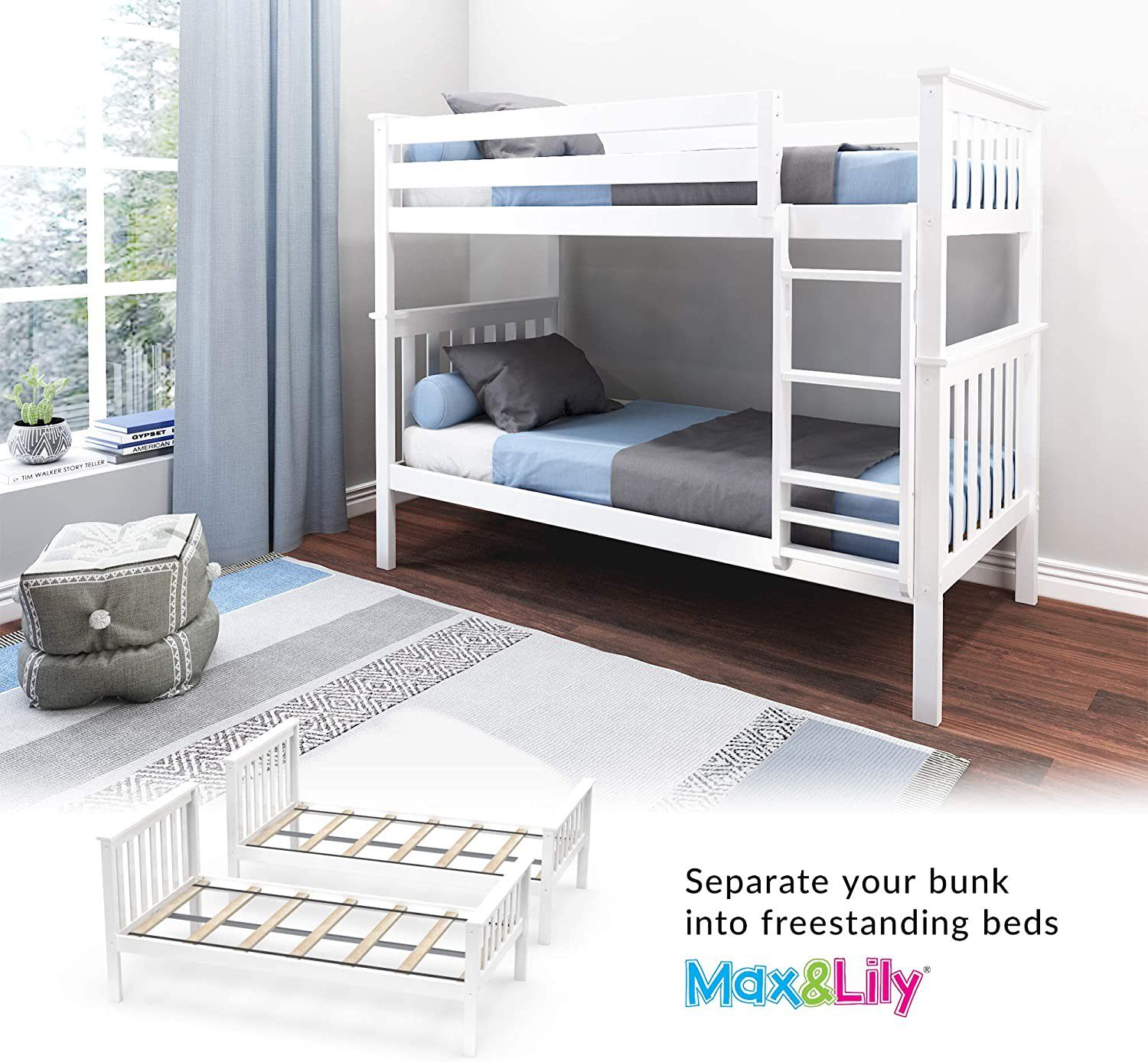 SOLID WOOD TWIN OVER TWIN BUNK BED IN WHITE FINISH