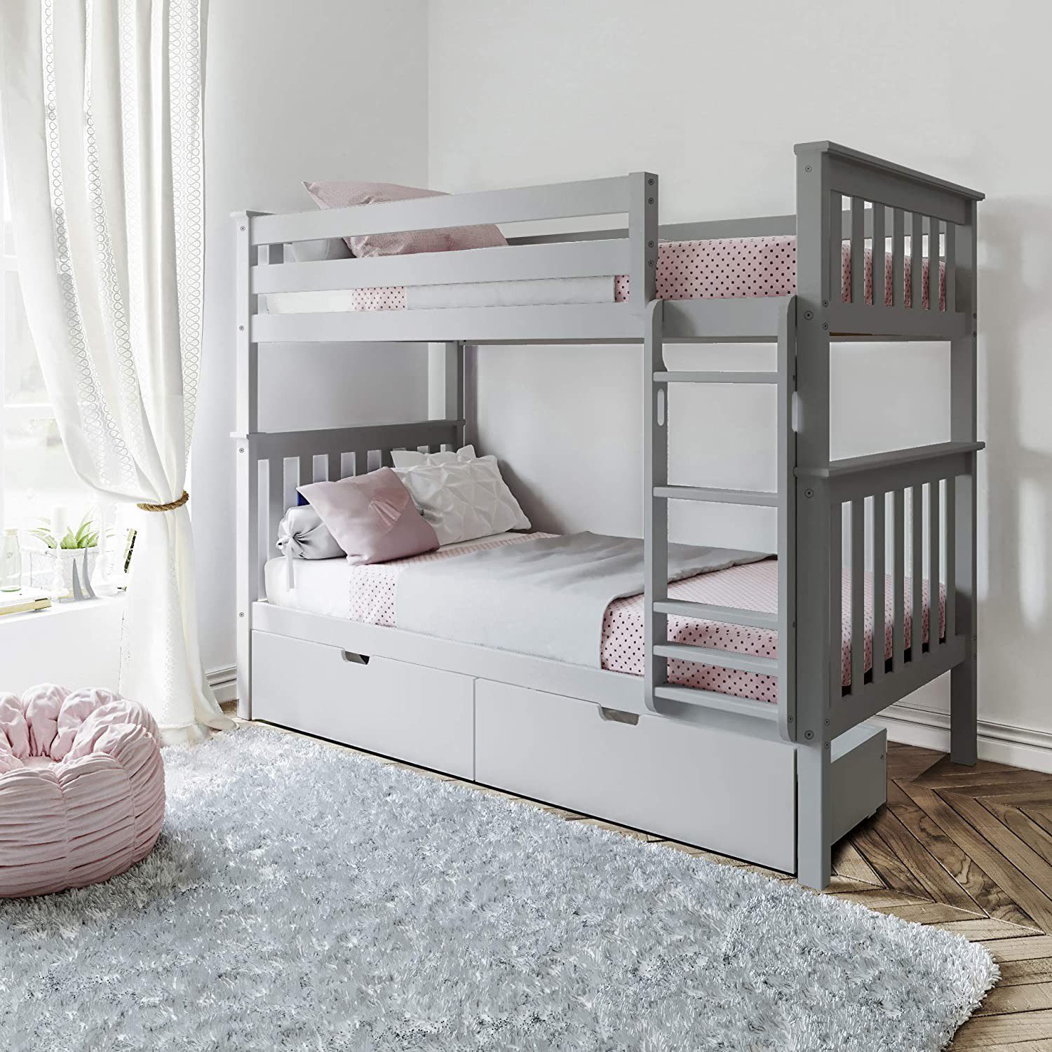 SOLID WOOD TWIN OVER TWIN BUNK BED IN GREY WITH STORAGE