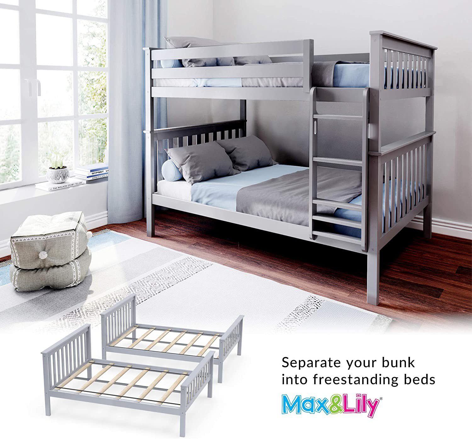 SOLID WOOD FULL OVER FULL BUNK BED IN GREY FINISH