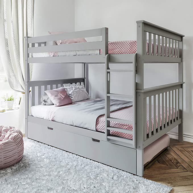 SOLID WOOD FULL OVER FULL BUNK BED IN GREY WITH TRUNDLE BED