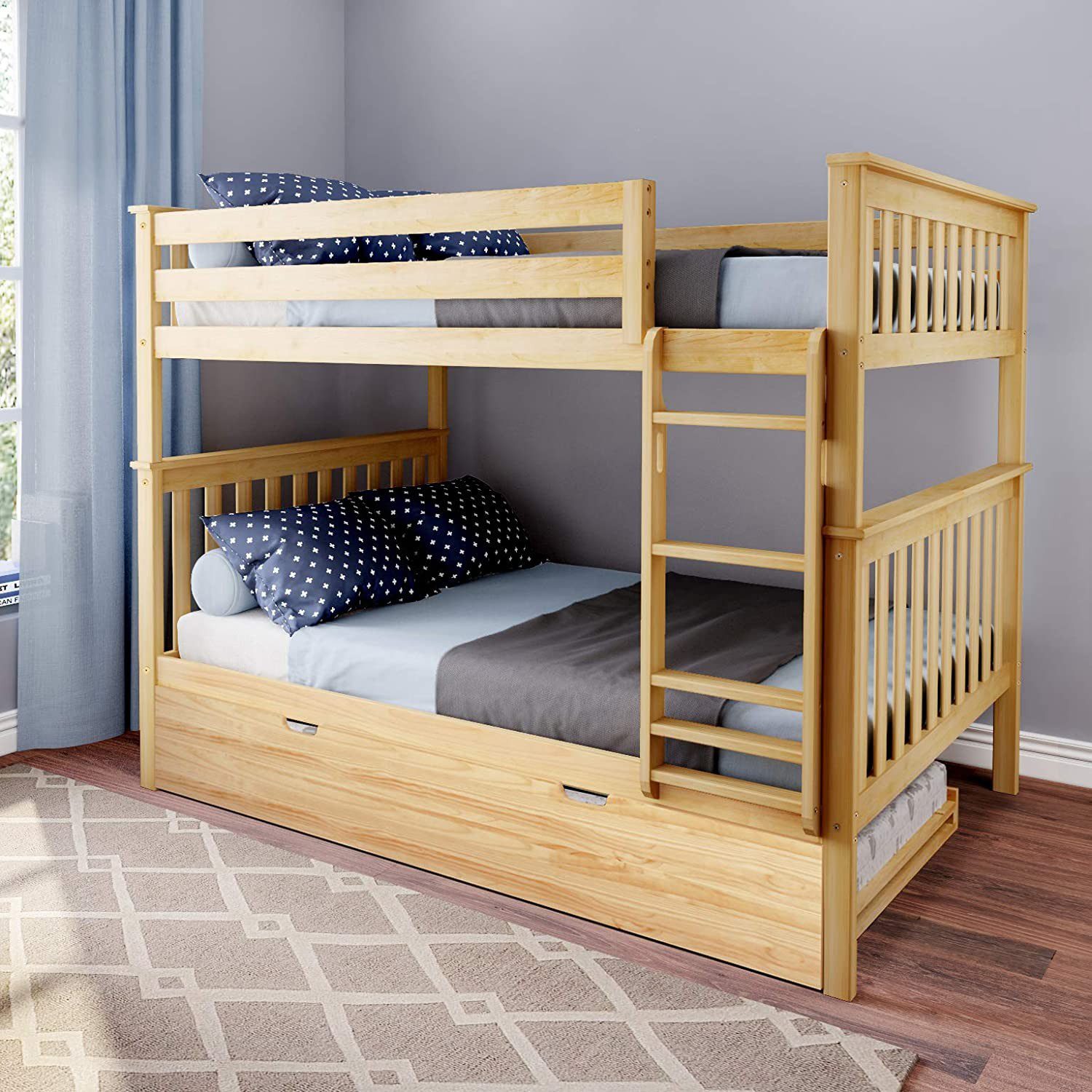 SOLID WOOD FULL OVER FULL BUNK BED IN NATURAL WITH TRUNDLE BED