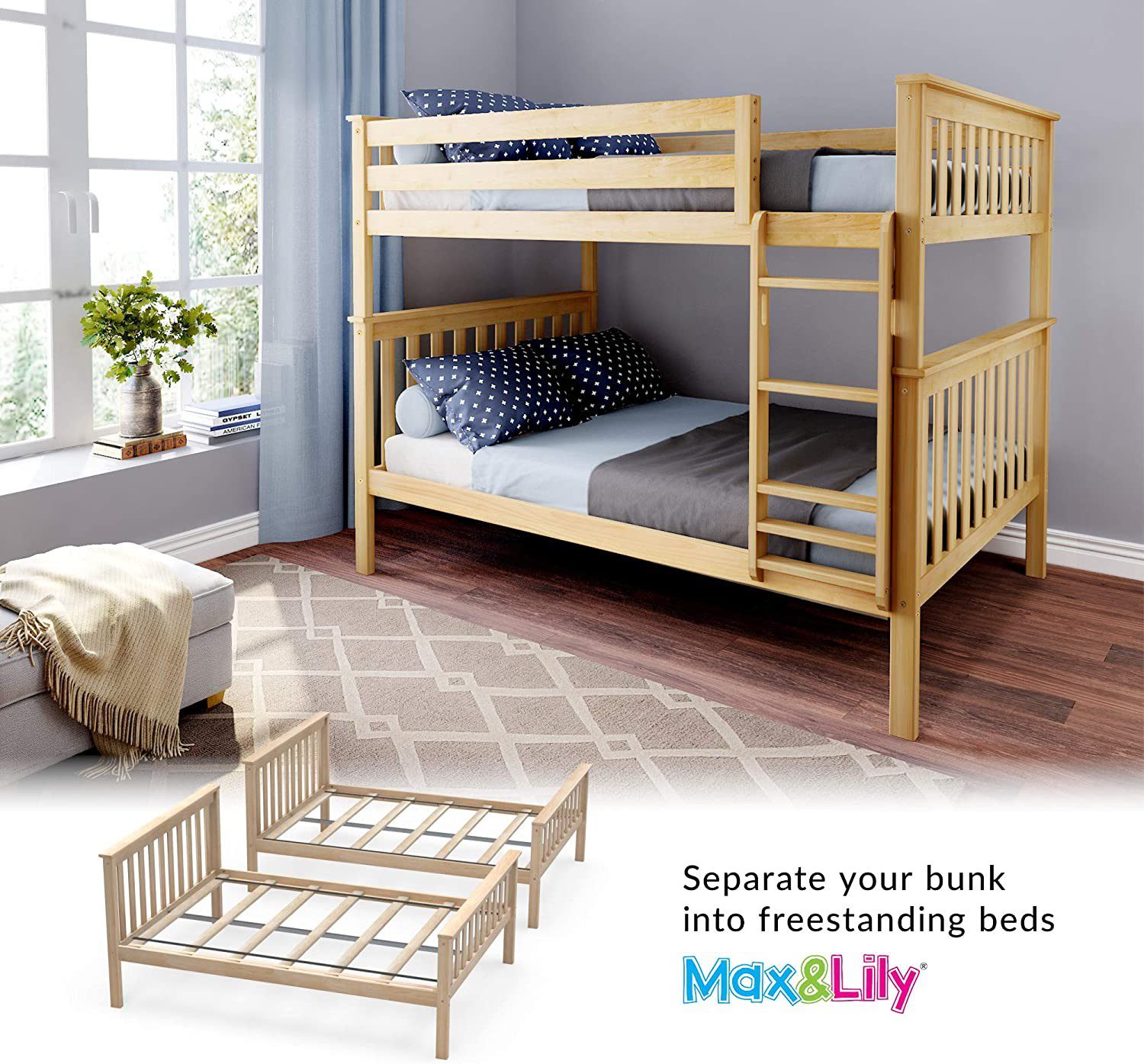 SOLID WOOD FULL OVER FULL BUNK BED IN NATURAL WITH TRUNDLE BED