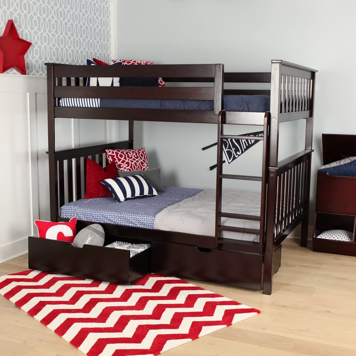 SOLID WOOD FULL OVER FULL BUNK BED IN ESPRESSO WITH STORAGE