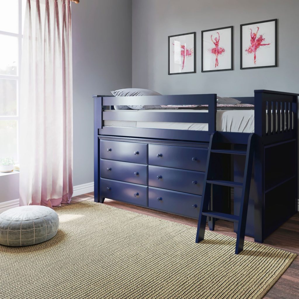 WINDSOR BLUE / TWIN LOW LOFT BED WITH DRESSER & BOOKCASE