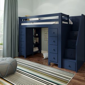 CHESTER Blue / TWIN LOFT BED WITH STAIRS & STORAGE