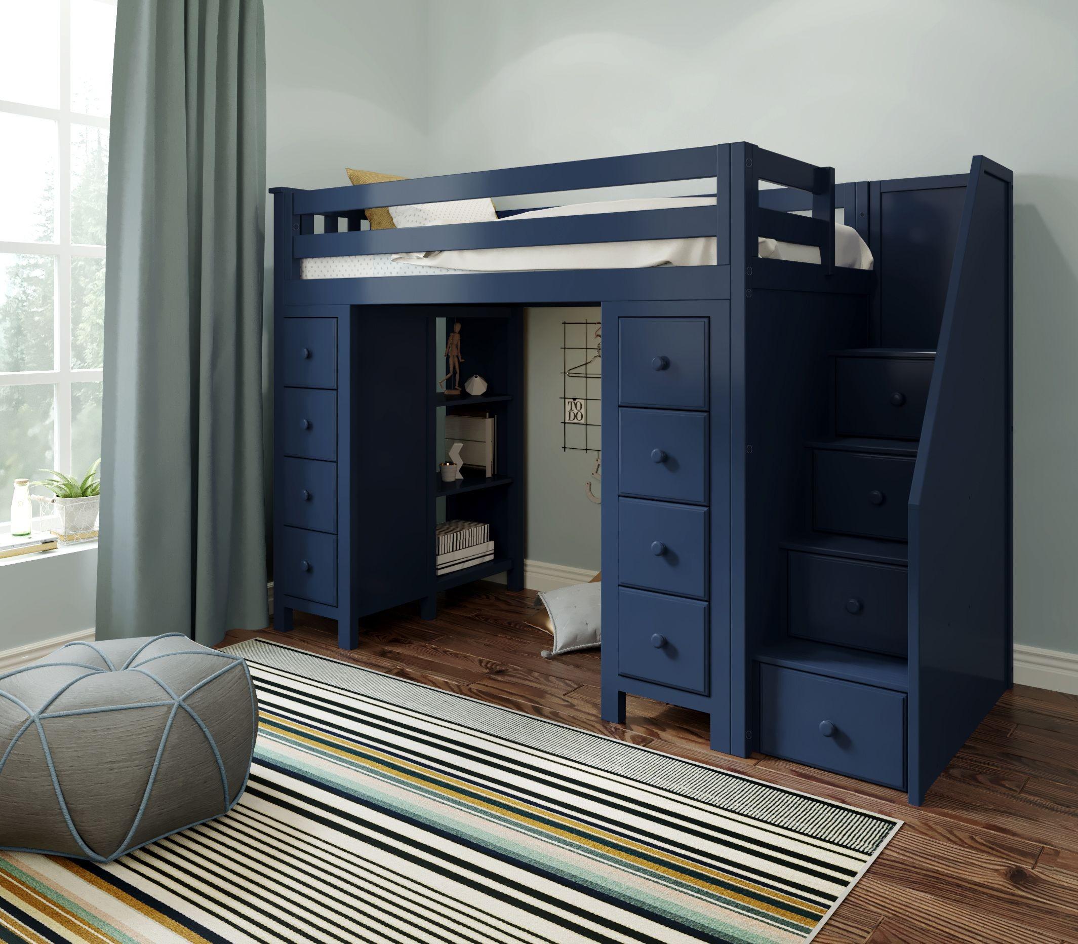 CHESTER Blue / TWIN LOFT BED WITH STAIRS & STORAGE