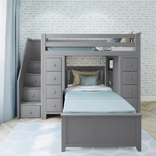 CHESTER 2 GREY  / TWIN LOFT BUNK BED WITH STAIRS & STORAGE
