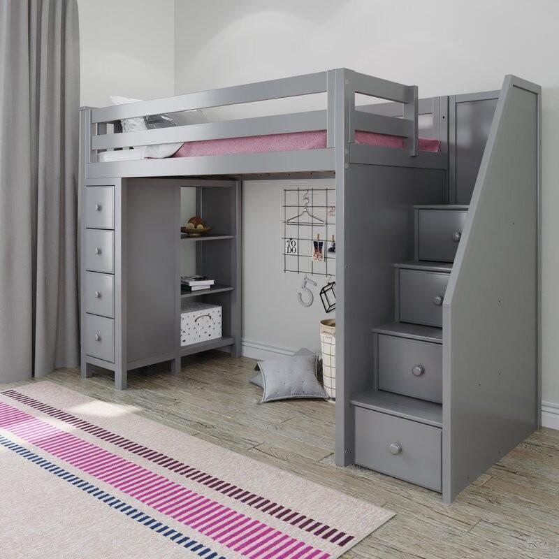 OXFORD GREY / TWIN LOFT BED WITH STAIRS & STORAGE