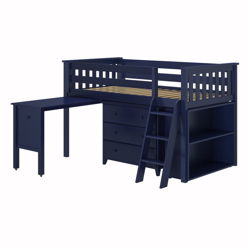 WINDSOR 2 BLUE / TWIN LOW LOFT BED WITH DRESSER, DESK & BOOKCASE