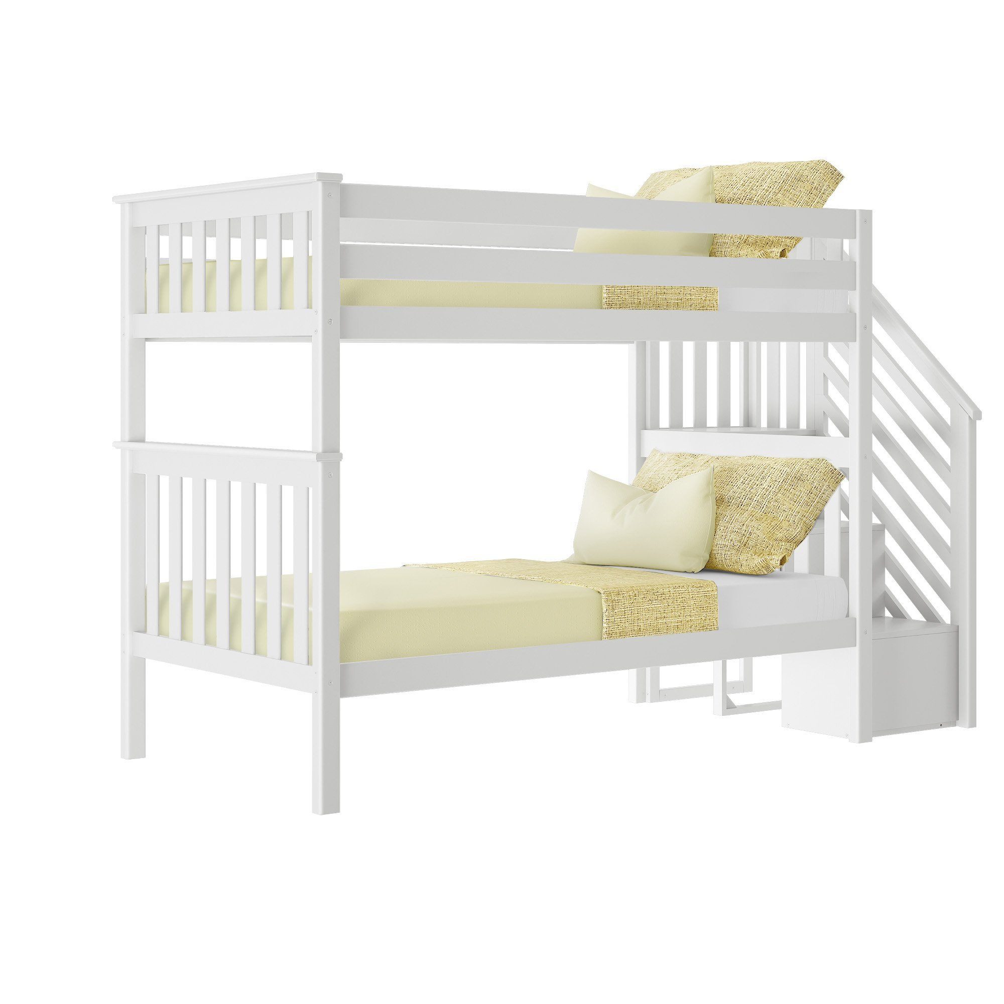 MAX & LILY SOLID WOOD TWIN OVER TWIN BUNK BED WITH STAIRCASE IN WHITE FINISH