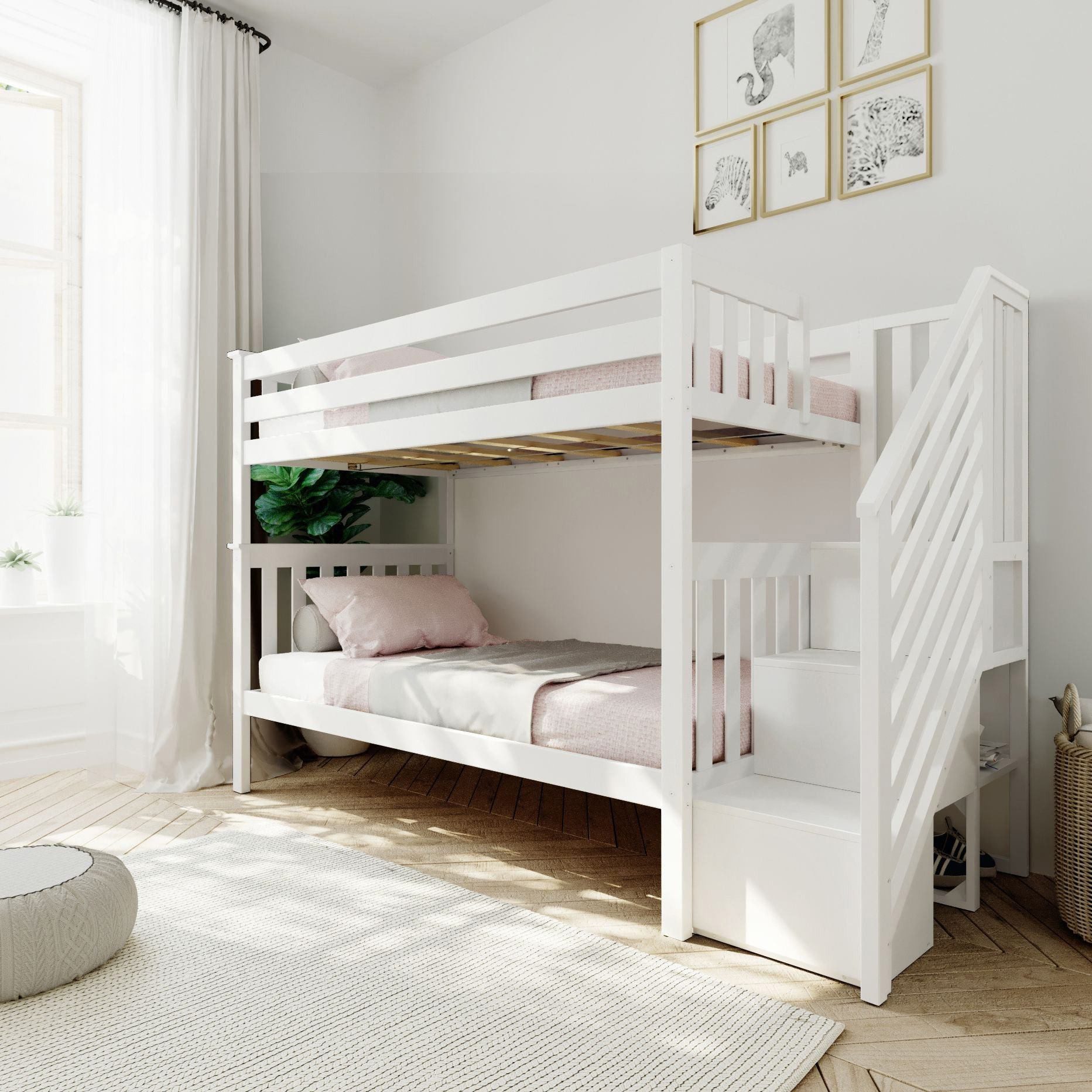 MAX & LILY SOLID WOOD TWIN OVER TWIN BUNK BED WITH STAIRCASE IN WHITE FINISH