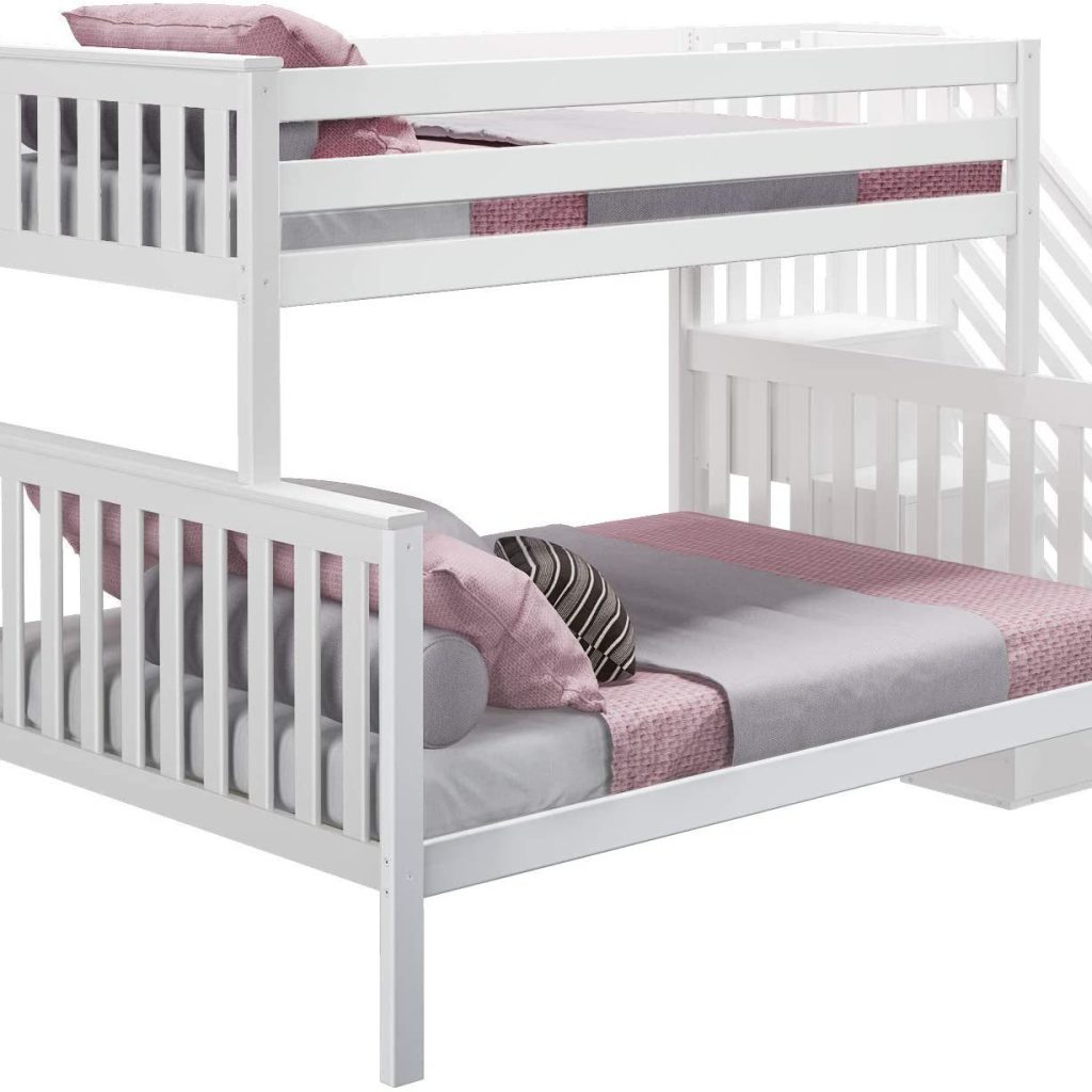 MAX & LILY SOLID WOOD TWIN OVER FULL BUNK BED WITH STAIRCASE IN WHITE FINISH