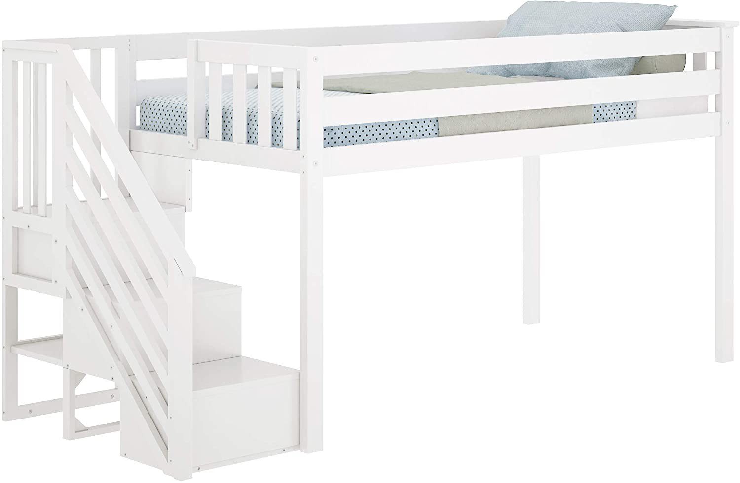 MAX & LILY SOLID WOOD LOW LOFT BED WITH STAIRCASE IN WHITE FINISH