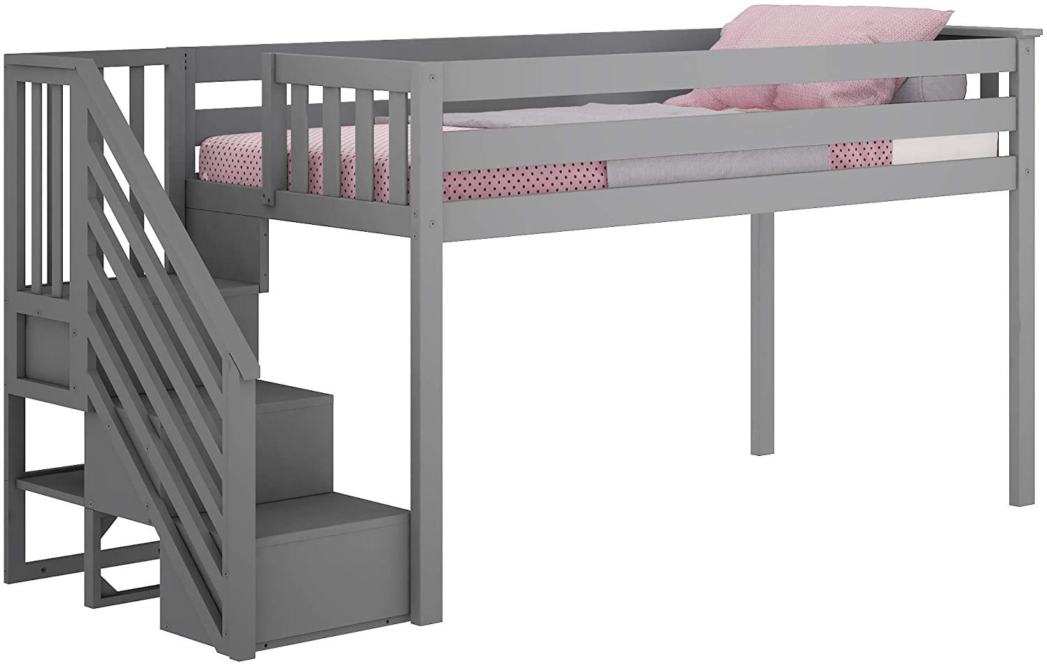 MAX & LILY SOLID WOOD LOW LOFT BED WITH STAIRCASE IN GREY FINISH