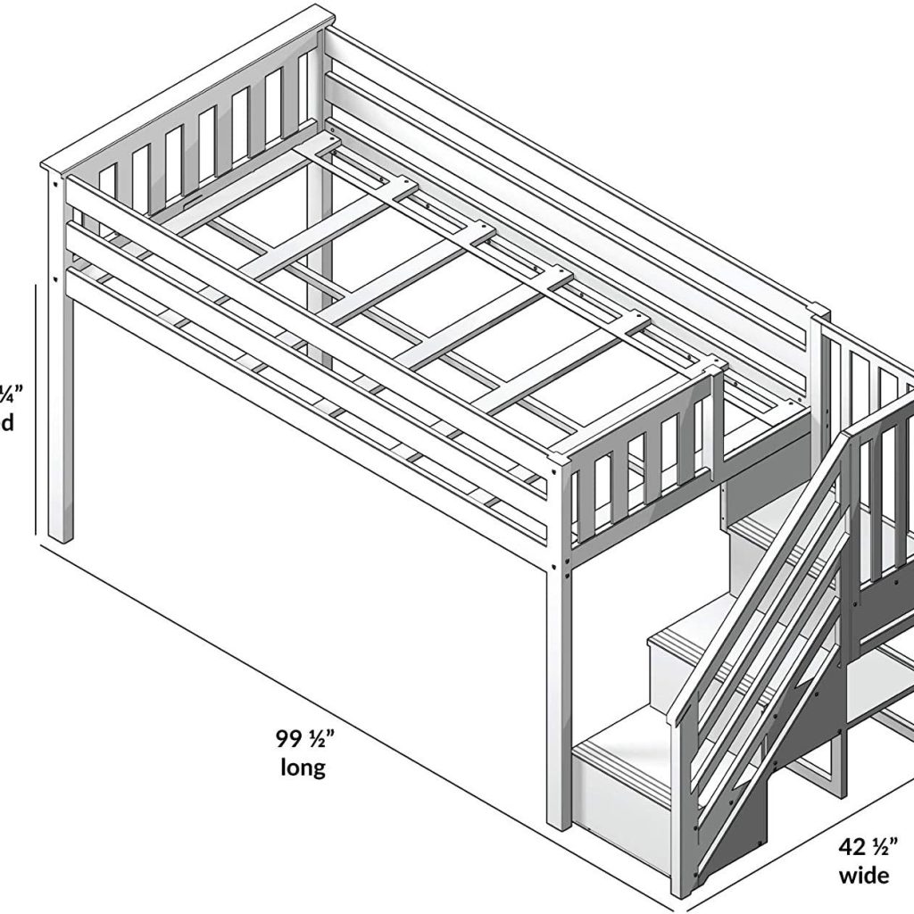 MAX & LILY SOLID WOOD LOW LOFT BED WITH STAIRCASE IN GREY FINISH